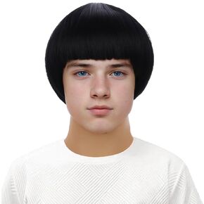 Kids Black Bob Wig Boys Mushroom Wigs Short Straight Black Wig Cosplay Costume Hair Synthetic Wigs(Black)