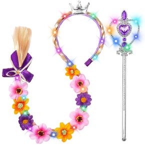 Princess Accessories with LED Lights for Little Girls, Glowing Braided Wig with Tiara Wand Toys for Girls Gift 3 4 5 6 7 8