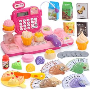 Cash Register Toy for Kids with Scanner, Calculator, Speaker, Play Money, Grocery Food, Pretend Play Learning Toy for Toddler