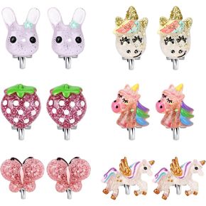 Unicorn Clip On Earrings for Little Girls, Bling Butterfly and Strawberry Earrings, Toddler Girls Dress Up Jewelry, 6 Pairs, Best Gift-C