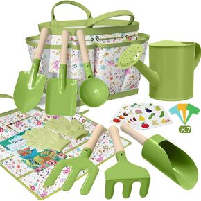 Kids Gardening Set 14Pcs Gardening Tools for Kids with Tote Bag,Watering Can, Shovel, Apron, Garden Book and More Educational STEM Learning Outdoor for Toddlers Boys Girls (Pink)