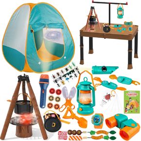 Kids Camping Set 50pcs with Tent & Space Projector Flashlight- Outdoor Campfire Toy Set for Toddlers Kids - Pretend Play Camp Gear Tools for Birthday Christmas