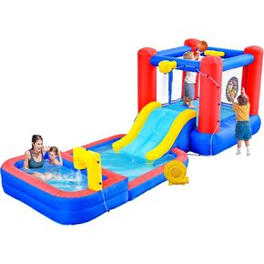 Inflatable Bounce House with Water Sprayers, Water Slides Park with Blower, Dartboard, Basketball Hoop, Deep Pool