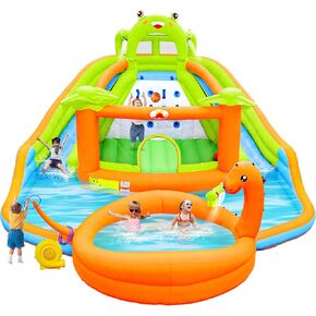 Inflatable Water Double Slides Park with Blower, Bouncy Castle with Water Cannon, Dino Pool, Frog Castle, Climbing Wall, Basketball Hoop, Backyard Water Park for Kids
