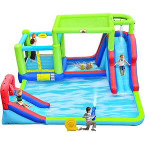 Inflatable Dual Water Slides Park with Blower, Bounce House with Sunshade, Basketball Hoop, Climbing Wall, Water Cannon Splashing Pools for Kids
