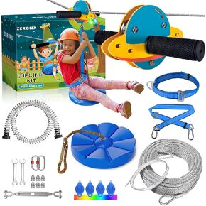 Zip Line Kit for Kids and Adults Outdoor, UFO Trolley 75/100/120/150ft Zipline for Backyard, Up to 350 Lbs, Included Swing Seat, Ziplines Stainless Steel Brake and Safety Cable