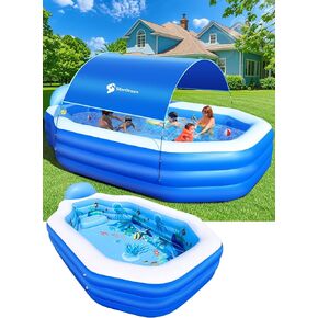 Inflatable Pool with Canopy, Large Inflatable Swimming Pool for Kids,Adult, Blowup Pools with Seats,Backrest.Durable Thickened Inflatable Family Pools for Backyard,118"x75"x22"-Dark Blue