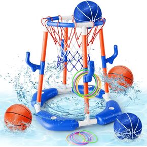 Pool Basketball Hoop, 2-in-1 Floating Pool Toys Ring Game with 4 Balls and Pump, Outdoor Swimming Pool Games for Kids Adults Water Basketball for Pool Basketball Games for Outdoor Indoor Play