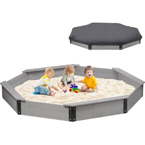 85''x78''x9'' Wooden Octagon Sandbox with Cover, Large Sandpit for Kids Outdoor Patio Backyard Play, Easy & Quick Assemble