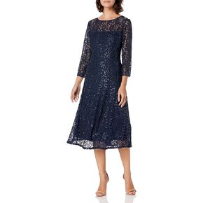 S.L. Fashions Women's Midi Length Sequin Fit and Flare Dress (Missy Petite), Navy Lace, 14P in Saudi Arabia