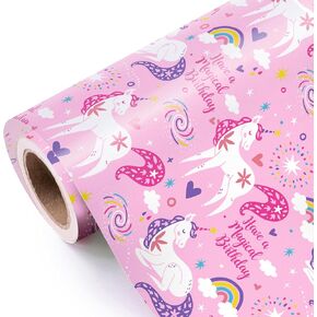 WRAPAHOLIC Pink Unicorn Birthday Wrapping Paper Roll - Mini Roll - 17 Inch x 9.8 Feet - Have a Magical Birthday Perfect for Girls, Baby Shower, Party, Holiday