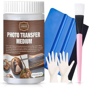 Ganbaro 300g Photo Transfer Liquid, Gel Medium for Photo Transfer Gloss Gel Medium Liquido Foto Transfer with Brush, Scraper, Latex Gloves, Image Transfers for Wood and Hard Surfaces DIY Crafts,