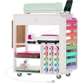 Vicani Craft Cart Organization and Storage Craft Table Compatible with Cutting Machine Heat Press Table with Sockets Crafting Cabinet Workstation with Vinyl Roll Holder