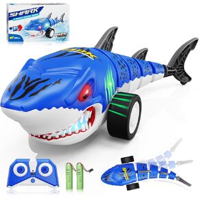 Remote Control Shark Toys, RC Shark Cars with Led Light, Rechargeable RC Robot Toy for Kids, 360° Rotating & Swinging Tail, Birthday Gifts for Girls Boys Age 3-5 5-7 8-10