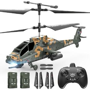 DEERC RC Helicopter for Adults, Apache Remote Control Helicopter for Kids 8-12, Toy Helicopters RC with LED Lights, 2 Batteries, Altitude Hold, 2.4GHz Military Style for Indoor, Ideal for Birthday