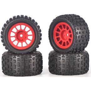 Pre-Glued 1/16 & 1/18 RC Monster Truck Tires with Foam Insert, Rubber Tire and Nylon Wheels Rims Fit for ARRMA Granite 1/18 Granite/Typhon, WLtoys A949, MJX Hyper Go H16 4Pcs-Red