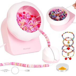 Myartype Clay Bead Spinner and Seed Bead Spinner, 2-in-1 Electric Bead Spinner for Jewelry Making, Bracelet Spinner and Necklace Making Machine with Needles and Thread (Pink), (Beads Not Included)