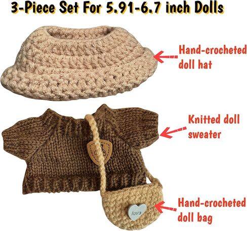 3-Piece Handcrafted Crochet Doll Clothes - Compatible with 5.91-6.7inch (15-17cm) Dolls as Accessories Only, Premium Dolls Outfit with Accessories, Hand Crocheted Hat, Sweaters, Bag (Maillard Brown) in Saudi Arabia