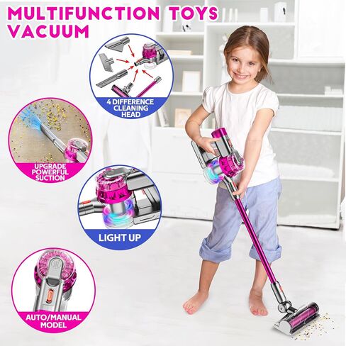 4-in-1 Kids Cordres الذي يعمل حقًا ، يتظاهر Toddler Play Play Toy Toy مع شفط حقيقي ، وألعاب فكرة عيد ميلاد أنظف لمدة 3 4 5 6 7+ سنة بنت (Rose Red) in Kuwait