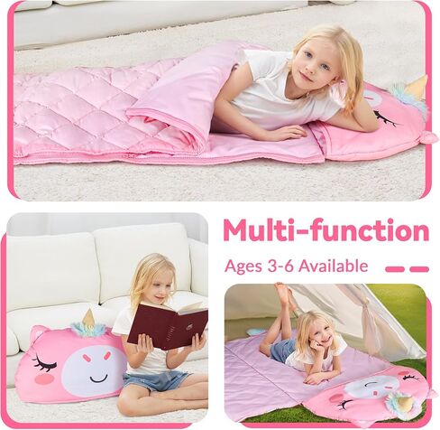 iPlay, iLearn Kid Sleeping Bag, Unicorn Slumber Sack, Toddler Girl Nap Mat, 2 In 1 Pink Animal Cushion Blanket, Happy Travel Sleepover Daycare Preschool Birthday Gift for 3 4 5 6 Year Old Child Summer in Saudi Arabia