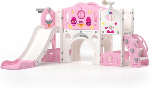 9 in 1 Toddler Slide and Climber Playset Freestanding Backyard Playground for Children Age 1-4, Indoor Outdoor Kids Slide with Basketball Hoop,Telescope, Ring-toss and Storage Space in Kuwait