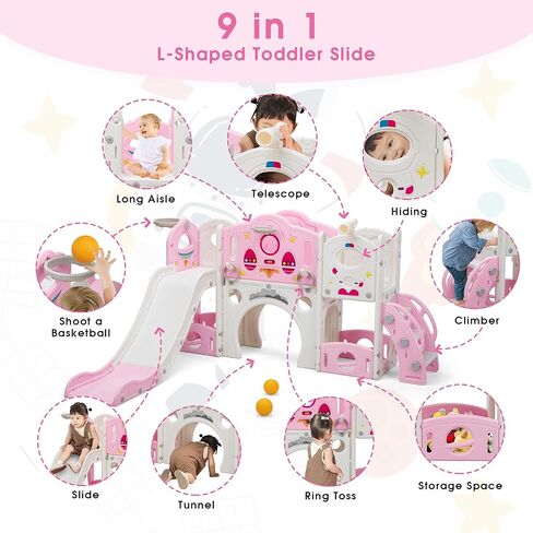 9 in 1 Toddler Slide and Climber Playset Freestanding Backyard Playground for Children Age 1-4, Indoor Outdoor Kids Slide with Basketball Hoop,Telescope, Ring-toss and Storage Space in Kuwait