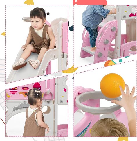 9 in 1 Toddler Slide and Climber Playset Freestanding Backyard Playground for Children Age 1-4, Indoor Outdoor Kids Slide with Basketball Hoop,Telescope, Ring-toss and Storage Space in Kuwait