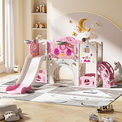 9 in 1 Toddler Slide and Climber Playset Freestanding Backyard Playground for Children Age 1-4, Indoor Outdoor Kids Slide with Basketball Hoop,Telescope, Ring-toss and Storage Space in Kuwait