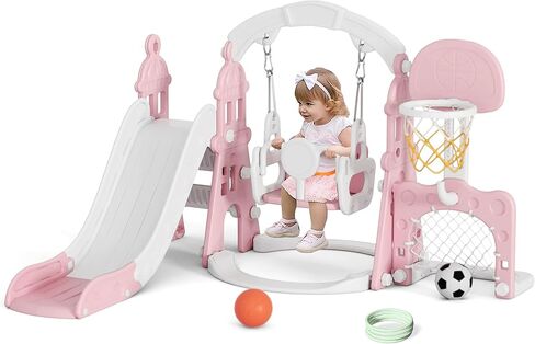 XJD 6-in-1 Toddler Slide and Swing Set, Kids Slide for Toddlers Age 1+, Toddler Outdoor Playset with Basketball Hoop, Football Frame, Swing, Outdoor Indoor Playground for Toddlers 1-3 (Pink) in Kuwait