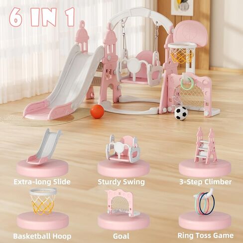 XJD 6-in-1 Toddler Slide and Swing Set, Kids Slide for Toddlers Age 1+, Toddler Outdoor Playset with Basketball Hoop, Football Frame, Swing, Outdoor Indoor Playground for Toddlers 1-3 (Pink) in Kuwait
