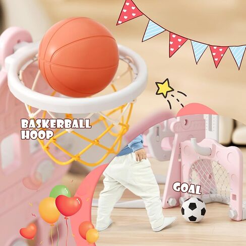 XJD 6-in-1 Toddler Slide and Swing Set, Kids Slide for Toddlers Age 1+, Toddler Outdoor Playset with Basketball Hoop, Football Frame, Swing, Outdoor Indoor Playground for Toddlers 1-3 (Pink) in Kuwait