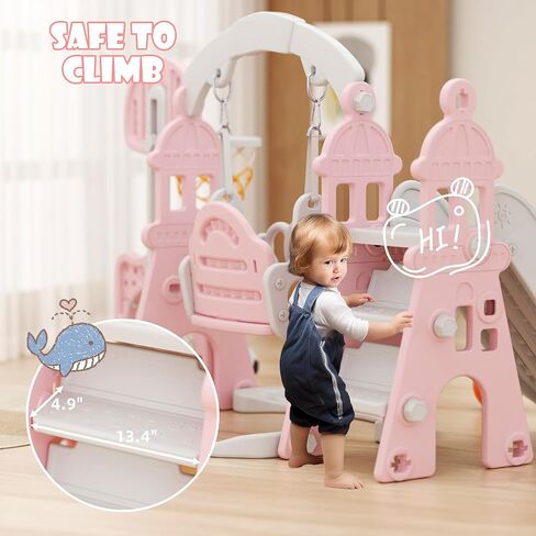 XJD 6-in-1 Toddler Slide and Swing Set, Kids Slide for Toddlers Age 1+, Toddler Outdoor Playset with Basketball Hoop, Football Frame, Swing, Outdoor Indoor Playground for Toddlers 1-3 (Pink) in Kuwait