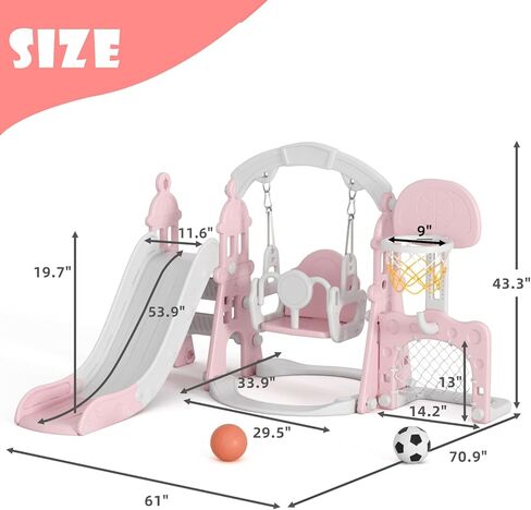 XJD 6-in-1 Toddler Slide and Swing Set, Kids Slide for Toddlers Age 1+, Toddler Outdoor Playset with Basketball Hoop, Football Frame, Swing, Outdoor Indoor Playground for Toddlers 1-3 (Pink) in Kuwait