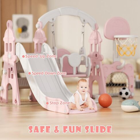 XJD 6-in-1 Toddler Slide and Swing Set, Kids Slide for Toddlers Age 1+, Toddler Outdoor Playset with Basketball Hoop, Football Frame, Swing, Outdoor Indoor Playground for Toddlers 1-3 (Pink) in Kuwait