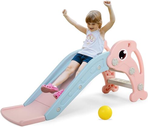 3 in 1 Toddler Slide, Baby Slide Climber Playset with Basketball Hoop and Ball, Indoor and Outdoor Playground for Kids in Kuwait