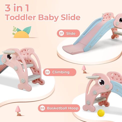 3 in 1 Toddler Slide, Baby Slide Climber Playset with Basketball Hoop and Ball, Indoor and Outdoor Playground for Kids in Kuwait