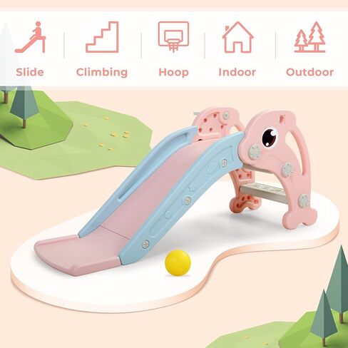 3 in 1 Toddler Slide, Baby Slide Climber Playset with Basketball Hoop and Ball, Indoor and Outdoor Playground for Kids in Kuwait