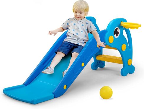3 in 1 Toddler Slide, Baby Slide Climber Playset with Basketball Hoop and Ball, Indoor and Outdoor Playground for Kids in Kuwait