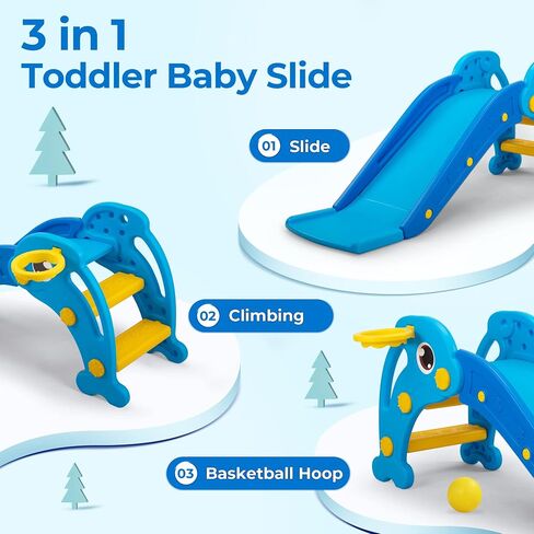 3 in 1 Toddler Slide, Baby Slide Climber Playset with Basketball Hoop and Ball, Indoor and Outdoor Playground for Kids in Kuwait