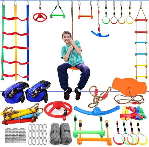 Ninja Warrior Obstacle Course for Kids Outside-Ninja Slackline 52ft with 11 Durable Obstacles-Climbing Net,Wheel, Warrior Gymnastics & Monkey Bars,Slack Lines for Backyard for Kids. in Kuwait