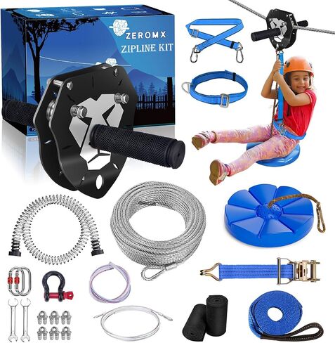 طقم خط ZIP 75 قدمًا/100 قدم/120 قدمًا/150 قدمًا للأطفال والبالغين يصل إلى 380 رطل - عربة أسد قابلة للترقية ، وفرامل زنبركية 6.5 قدم ، وحماية الأشجار ، وتسخير السلامة والمقعد - مجموعة الفناء الخلفي zipline in Kuwait