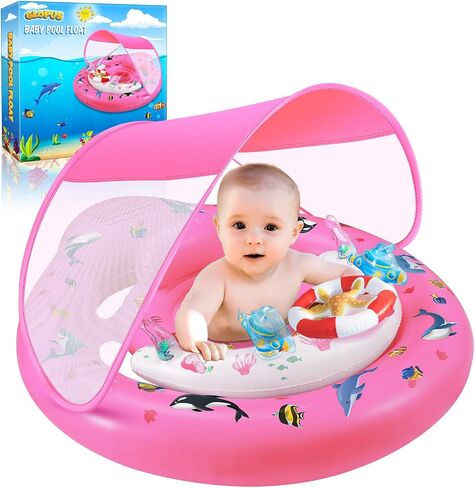 Baby Pool Float with Canopy UPF50+ Sun Protection, Inflatable Kids Pool Floats with Toy Play Console for Baby 6-36 Months, Infant Swimming Float with Adjustable Safety Seat for Boys Girls in Kuwait