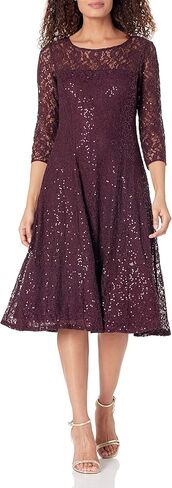 S.L. Fashions Women's Midi Length Sequin Fit and Flare Dress (Missy Petite), Navy Lace, 14P in Saudi Arabia
