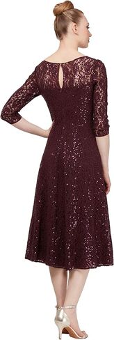 S.L. Fashions Women's Midi Length Sequin Fit and Flare Dress (Missy Petite), Navy Lace, 14P in Saudi Arabia