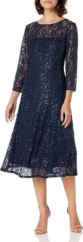 S.L. Fashions Women's Midi Length Sequin Fit and Flare Dress (Missy Petite), Navy Lace, 14P in Saudi Arabia