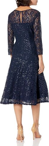 S.L. Fashions Women's Midi Length Sequin Fit and Flare Dress (Missy Petite), Navy Lace, 14P in Saudi Arabia