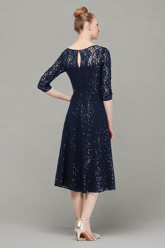 S.L. Fashions Women's Midi Length Sequin Fit and Flare Dress (Missy Petite), Navy Lace, 14P in Saudi Arabia