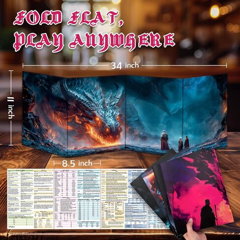 BYHOO 4 PCS شاشة DM لـ D&D 5E مع 4 موضوعات غامرة-سطح قابل لإعادة الاستخدام المقاوم للماء ، طيات التصميم المحمول ثلاثي الطول إلى إكسسوارات DND A4 متوافقة مع كتيب اللاعبين in Kuwait