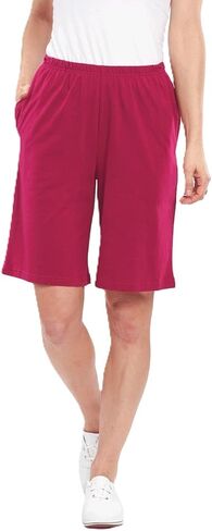 AmeriMark Women’s Shorts - Full Elastic Waist Athletic Bermuda Shorts - Ladies 100% Cotton Pull-On Golf Shorts with Pockets Black Large in Saudi Arabia