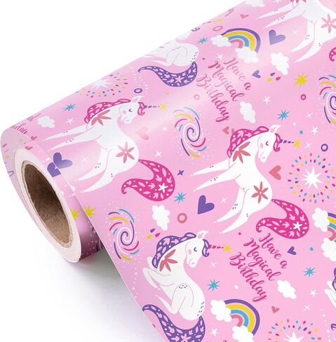 Wrapaholic Pink Unicorn عيد ميلاد لفة الورق - لفة صغيرة - 17 بوصة × 9.8 قدم - احصل على عيد ميلاد سحري مثالي للفتيات ، دش الطفل ، الحفلات ، العطلة in Kuwait
